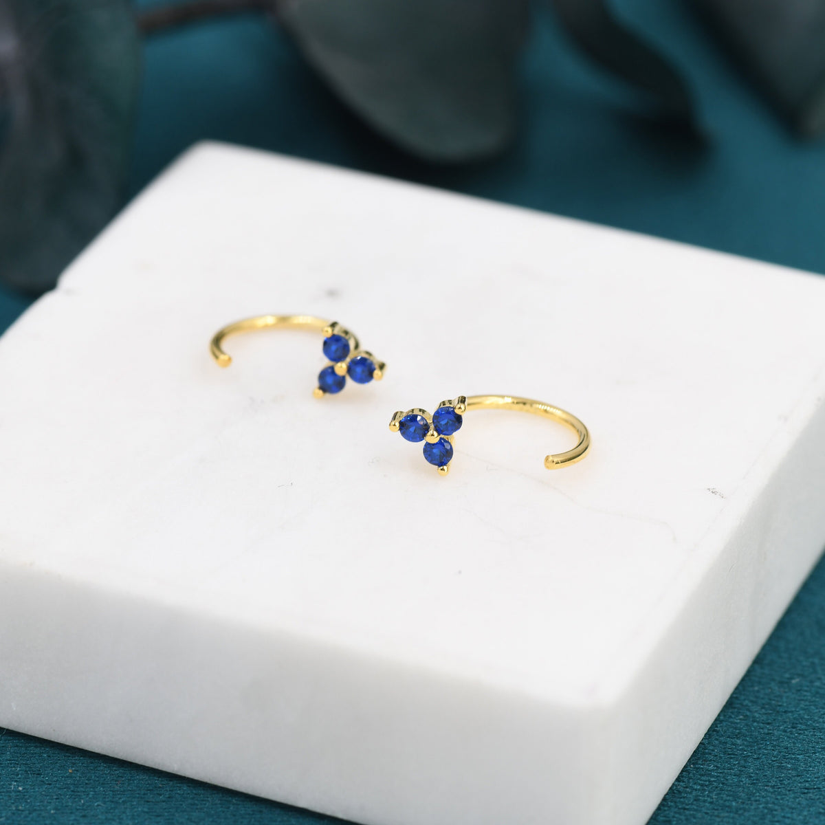 Sapphire Blue CZ Flower Huggie Hoop Earrings in Sterling Silver, Tiny Blue CZ Trio Open Hoops, Pull Through Threaders, Half Hoops, C Shape