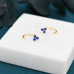 Sapphire Blue CZ Flower Huggie Hoop Earrings in Sterling Silver, Tiny Blue CZ Trio Open Hoops, Pull Through Threaders, Half Hoops, C Shape