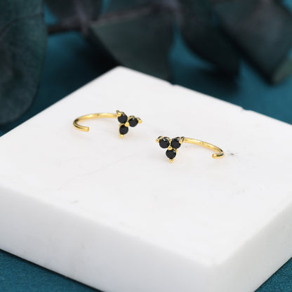 Black CZ Flower Huggie Hoop Earrings in Sterling Silver, Tiny Black CZ Trio Open Hoops, Pull Through Threaders, Half Hoops, C Shape