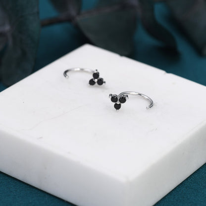 Black CZ Flower Huggie Hoop Earrings in Sterling Silver, Tiny Black CZ Trio Open Hoops, Pull Through Threaders, Half Hoops, C Shape