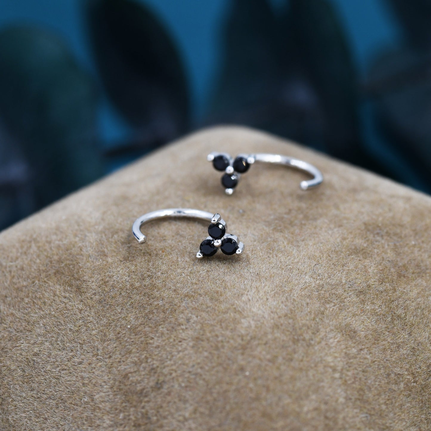 Black CZ Flower Huggie Hoop Earrings in Sterling Silver, Tiny Black CZ Trio Open Hoops, Pull Through Threaders, Half Hoops, C Shape