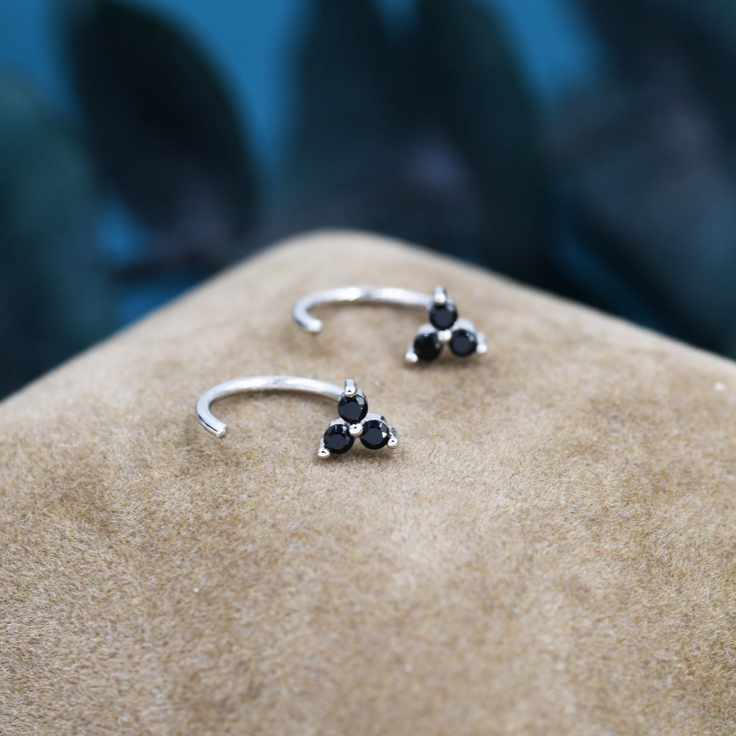 Black CZ Flower Huggie Hoop Earrings in Sterling Silver, Tiny Black CZ Trio Open Hoops, Pull Through Threaders, Half Hoops, C Shape