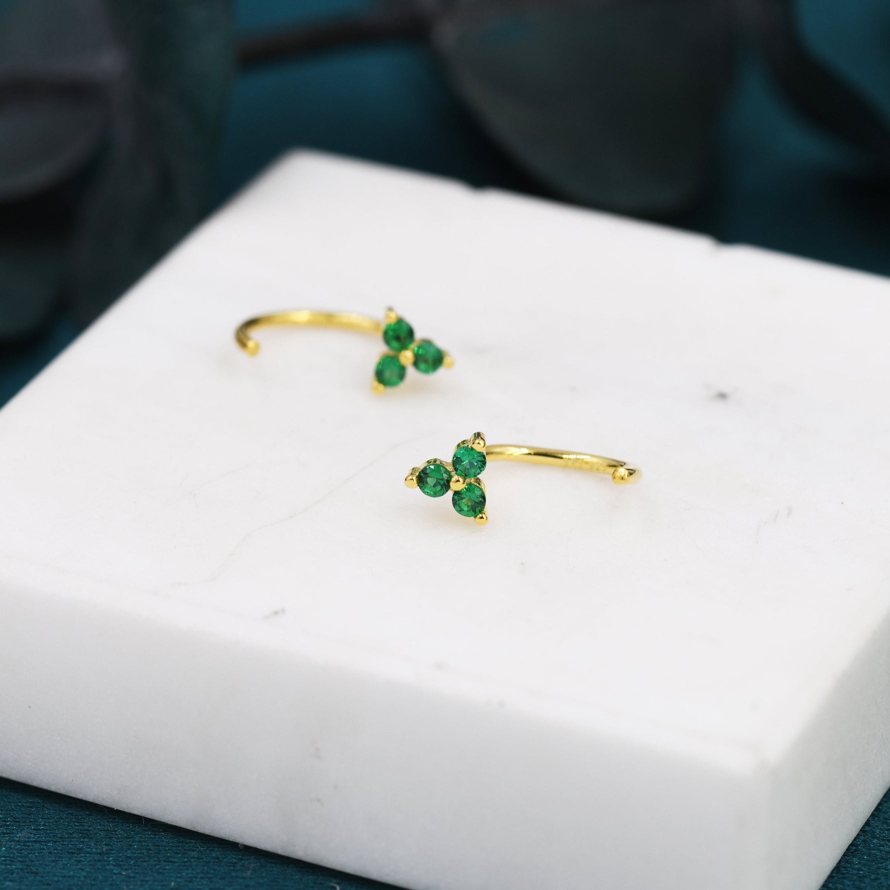 Emerald Green CZ Flower Huggie Hoop Earrings in Sterling Silver, Tiny Green CZ Trio Open Hoops, Pull Through Threaders, Half Hoops, C Shape