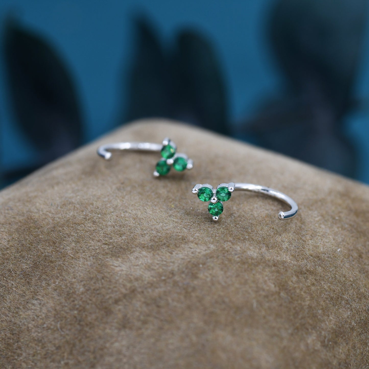 Emerald Green CZ Flower Huggie Hoop Earrings in Sterling Silver, Tiny Green CZ Trio Open Hoops, Pull Through Threaders, Half Hoops, C Shape