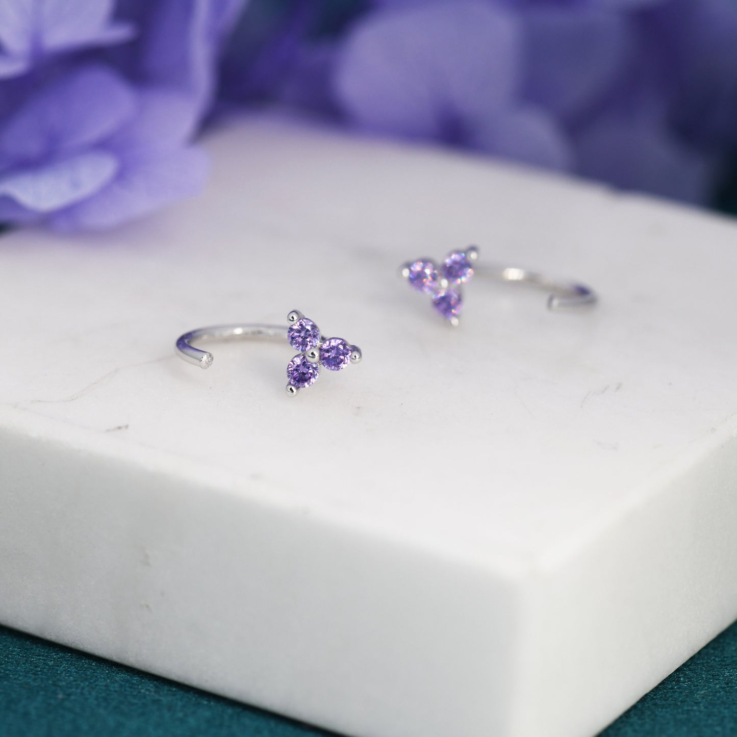 Amethyst Purple CZ Flower Huggie Hoop Earrings in Sterling Silver, Tiny CZ Trio Open Hoops, Pull Through Threaders, Half Hoops, C Shape