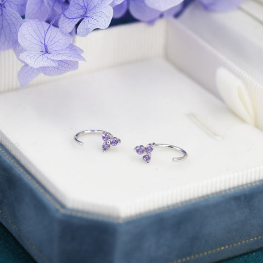 Amethyst Purple CZ Flower Huggie Hoop Earrings in Sterling Silver, Tiny CZ Trio Open Hoops, Pull Through Threaders, Half Hoops, C Shape