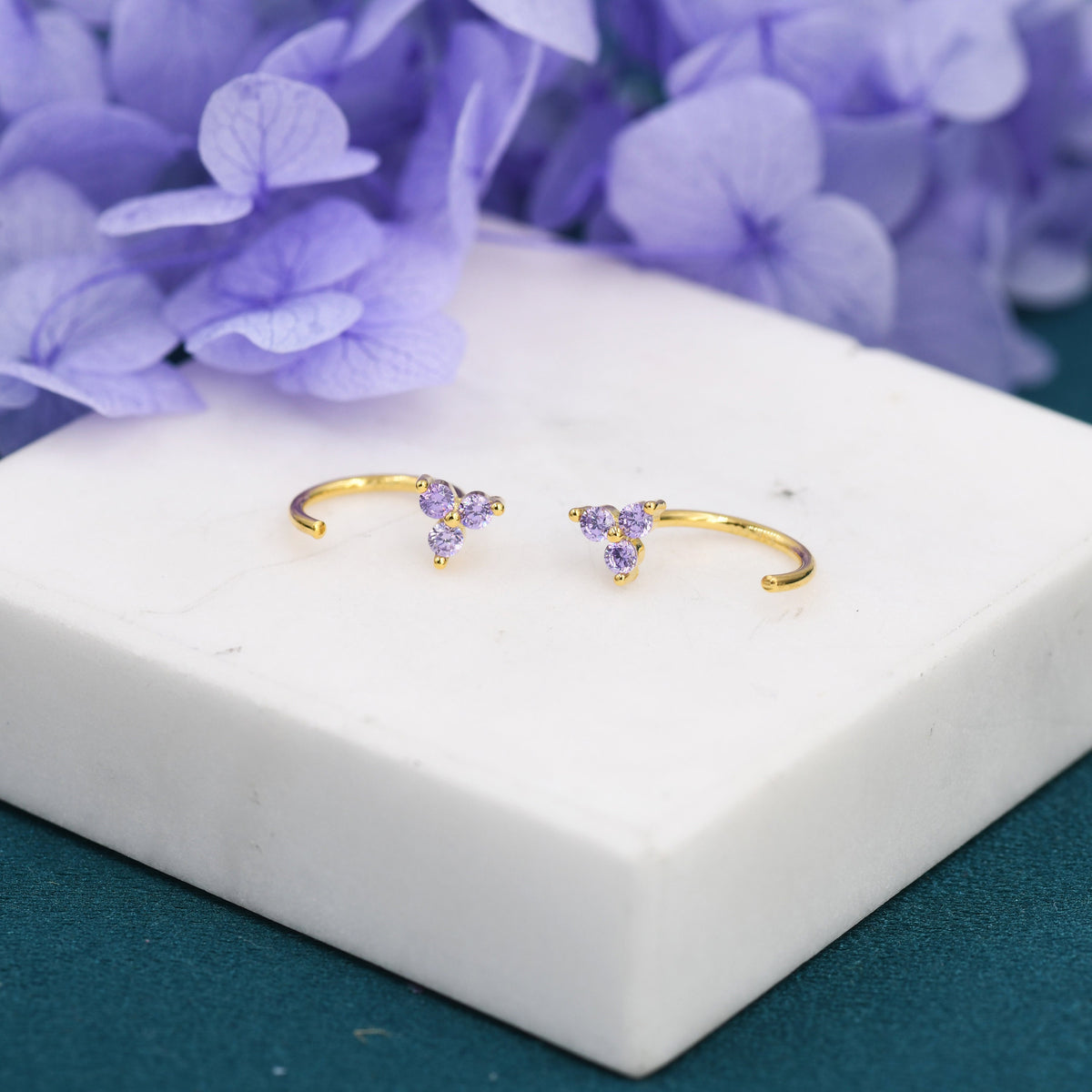 Amethyst Purple CZ Flower Huggie Hoop Earrings in Sterling Silver, Tiny CZ Trio Open Hoops, Pull Through Threaders, Half Hoops, C Shape