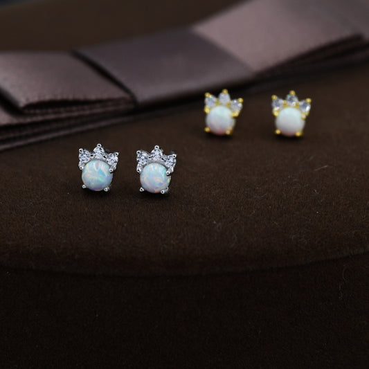 Tiny White Opal with CZ Stud Earrings in Sterling Silver, Silver or Gold, Vintage Inspired Design, Opal Crown Earrings Crown Stud