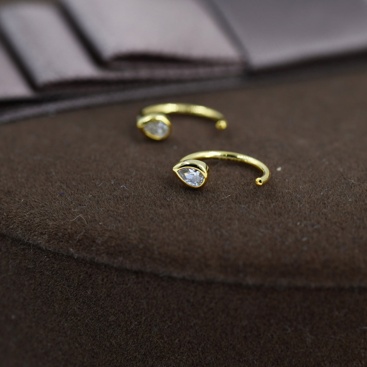 CZ Droplet Huggie Hoop Earrings in Sterling Silver, Tiny CZ Pear Cut Open Hoops, Pull Through Threaders, Half Hoops, C Shape