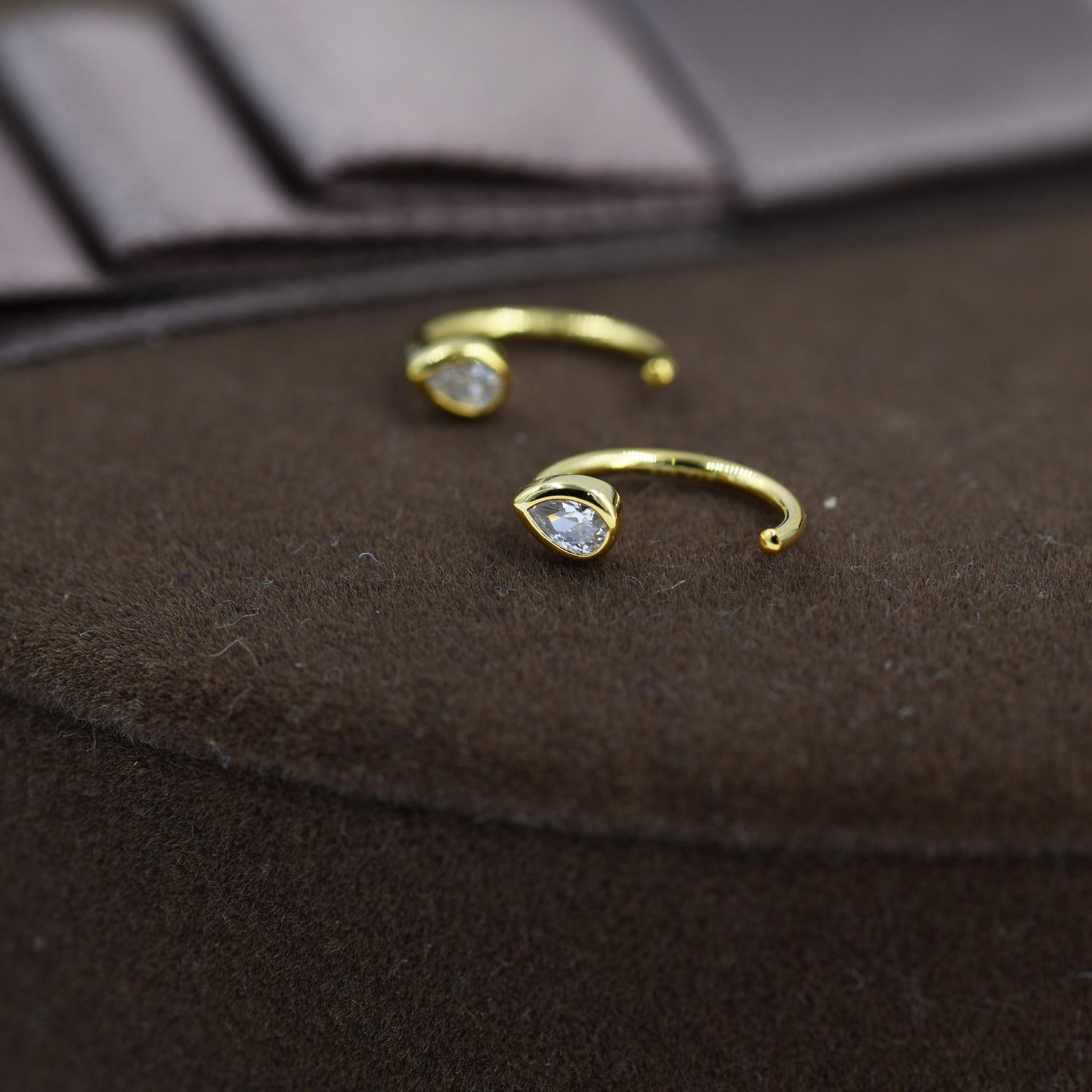 CZ Droplet Huggie Hoop Earrings in Sterling Silver, Tiny CZ Pear Cut Open Hoops, Pull Through Threaders, Half Hoops, C Shape