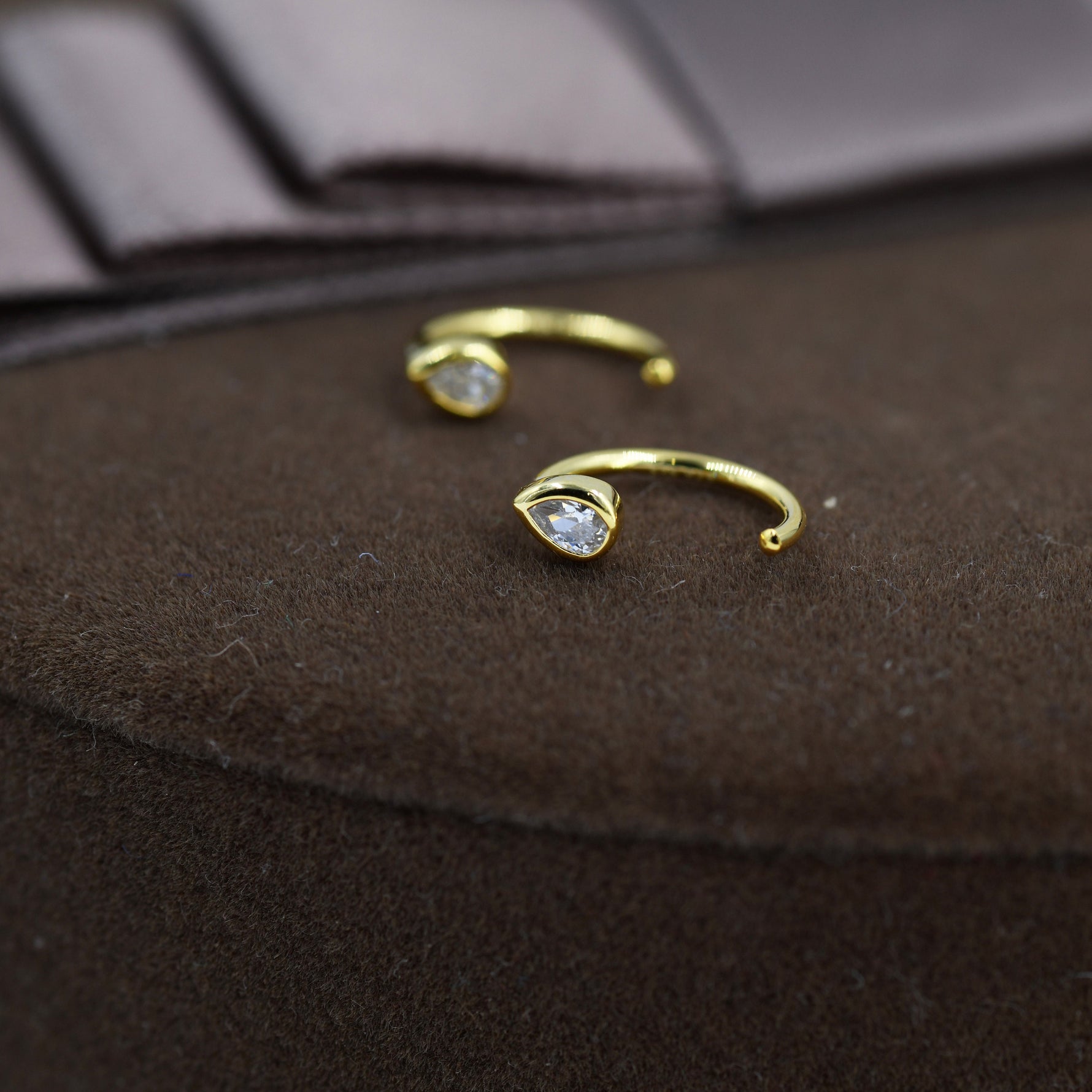 CZ Droplet Huggie Hoop Earrings in Sterling Silver, Tiny CZ Pear Cut Open Hoops, Pull Through Threaders, Half Hoops, C Shape