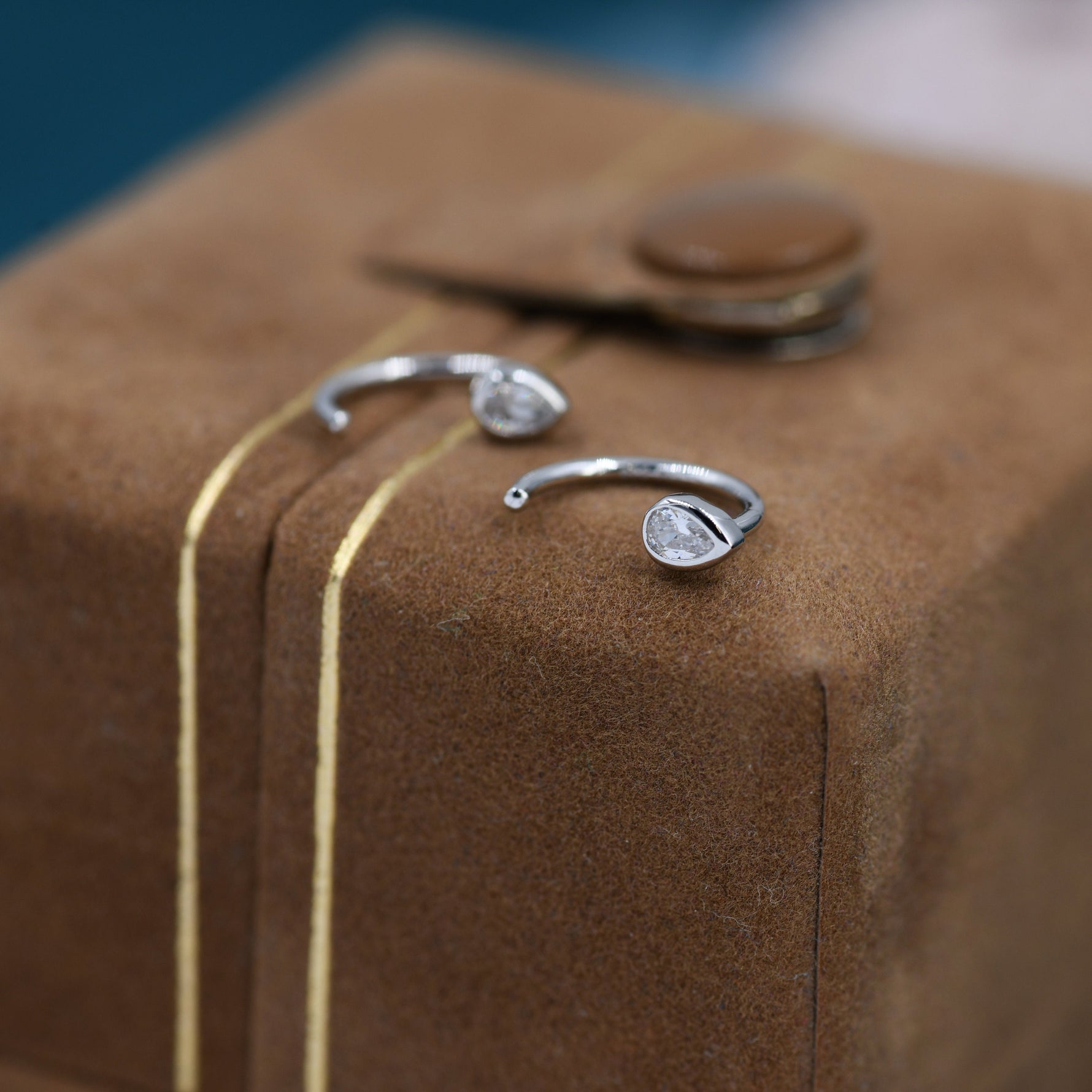 CZ Droplet Huggie Hoop Earrings in Sterling Silver, Tiny CZ Pear Cut Open Hoops, Pull Through Threaders, Half Hoops, C Shape