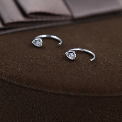 CZ Droplet Huggie Hoop Earrings in Sterling Silver, Tiny CZ Pear Cut Open Hoops, Pull Through Threaders, Half Hoops, C Shape