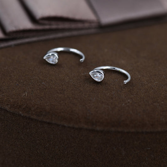 CZ Droplet Huggie Hoop Earrings in Sterling Silver, Tiny CZ Pear Cut Open Hoops, Pull Through Threaders, Half Hoops, C Shape