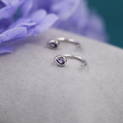 Amethyst Purple CZ Droplet Huggie Hoop Earrings in Sterling Silver, Tiny CZ Pear Cut Open Hoops, Pull Through Threaders, Half Hoops, C Shape