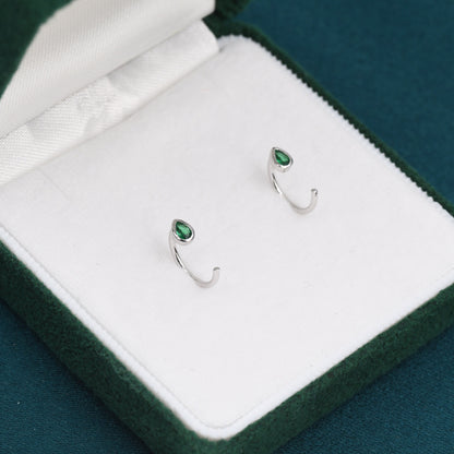 Emerald Green CZ Droplet Huggie Hoop Earrings in Sterling Silver, Tiny CZ Pear Cut Open Hoops, Pull Through Threaders, Half Hoops, C Shape