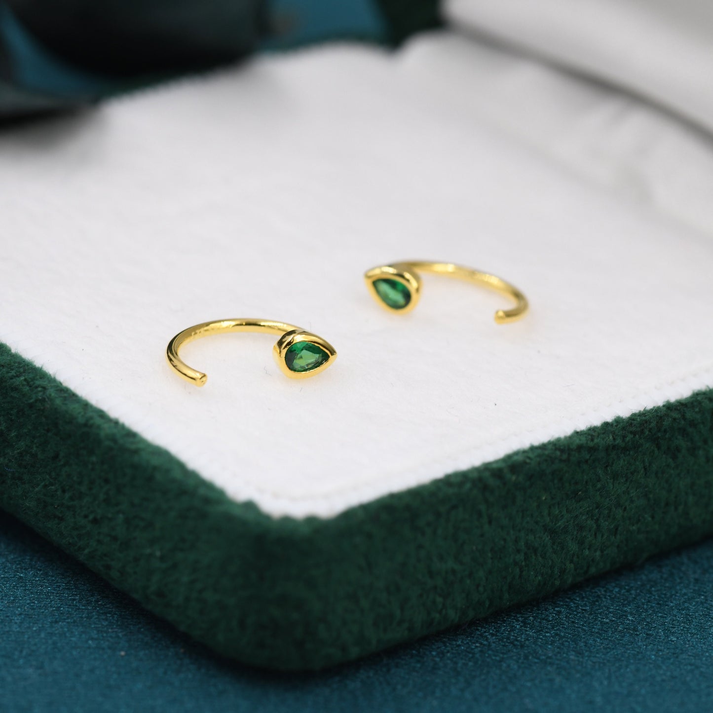 Emerald Green CZ Droplet Huggie Hoop Earrings in Sterling Silver, Tiny CZ Pear Cut Open Hoops, Pull Through Threaders, Half Hoops, C Shape