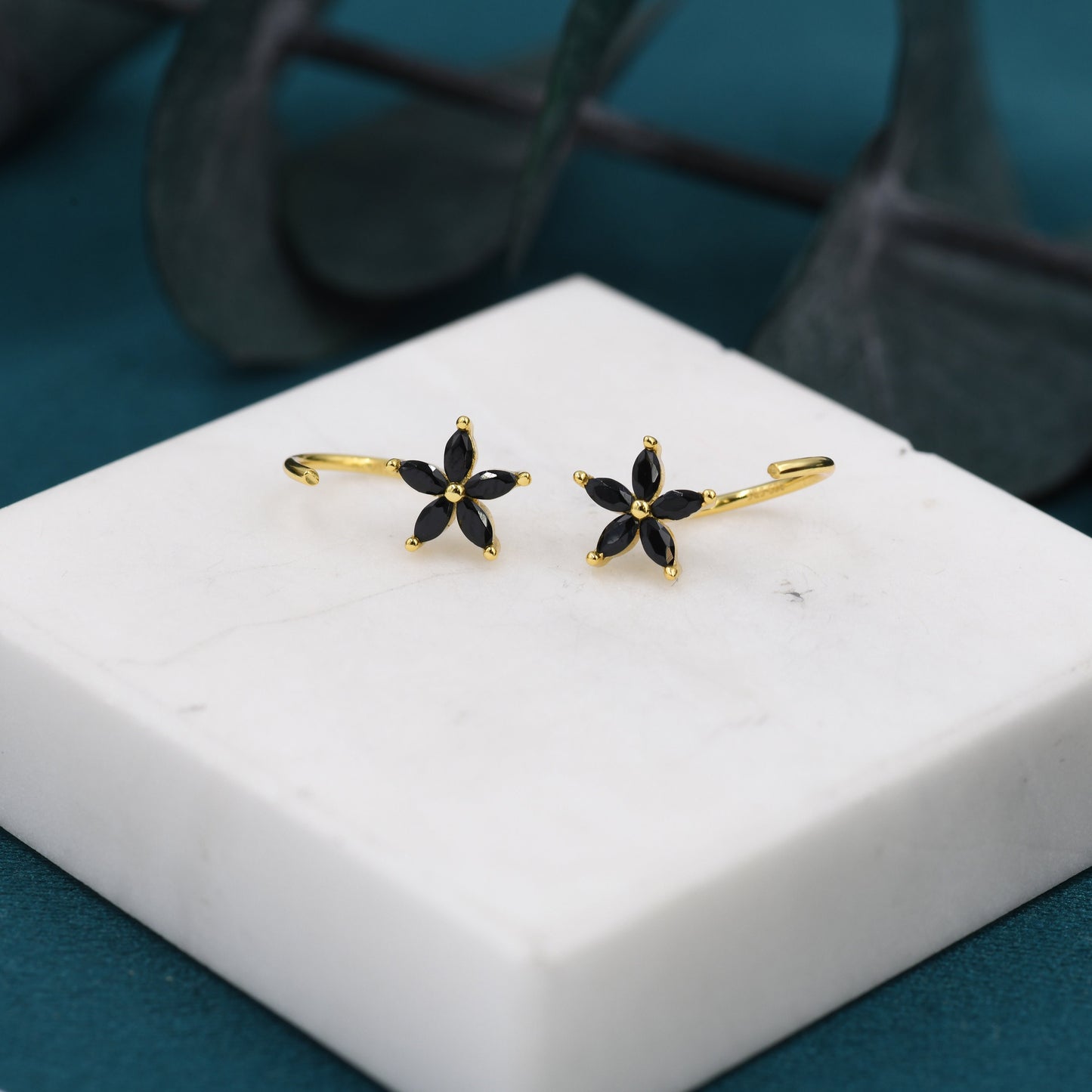 Black CZ Flower Huggie Hoop Earrings in Sterling Silver, Gold or Silver, Marquise CZ Flower Threader Hoop Earrings, Pull Through