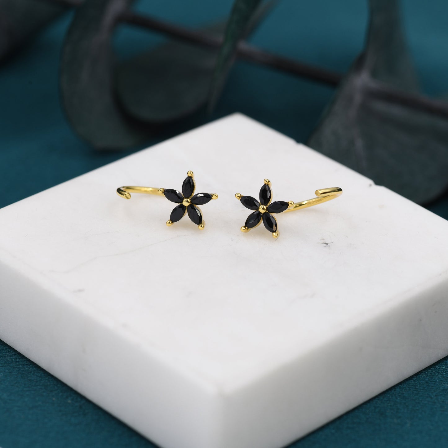 Black CZ Flower Huggie Hoop Earrings in Sterling Silver,  Gold or Silver, Marquise CZ Flower Threader Hoop Earrings, Pull Through