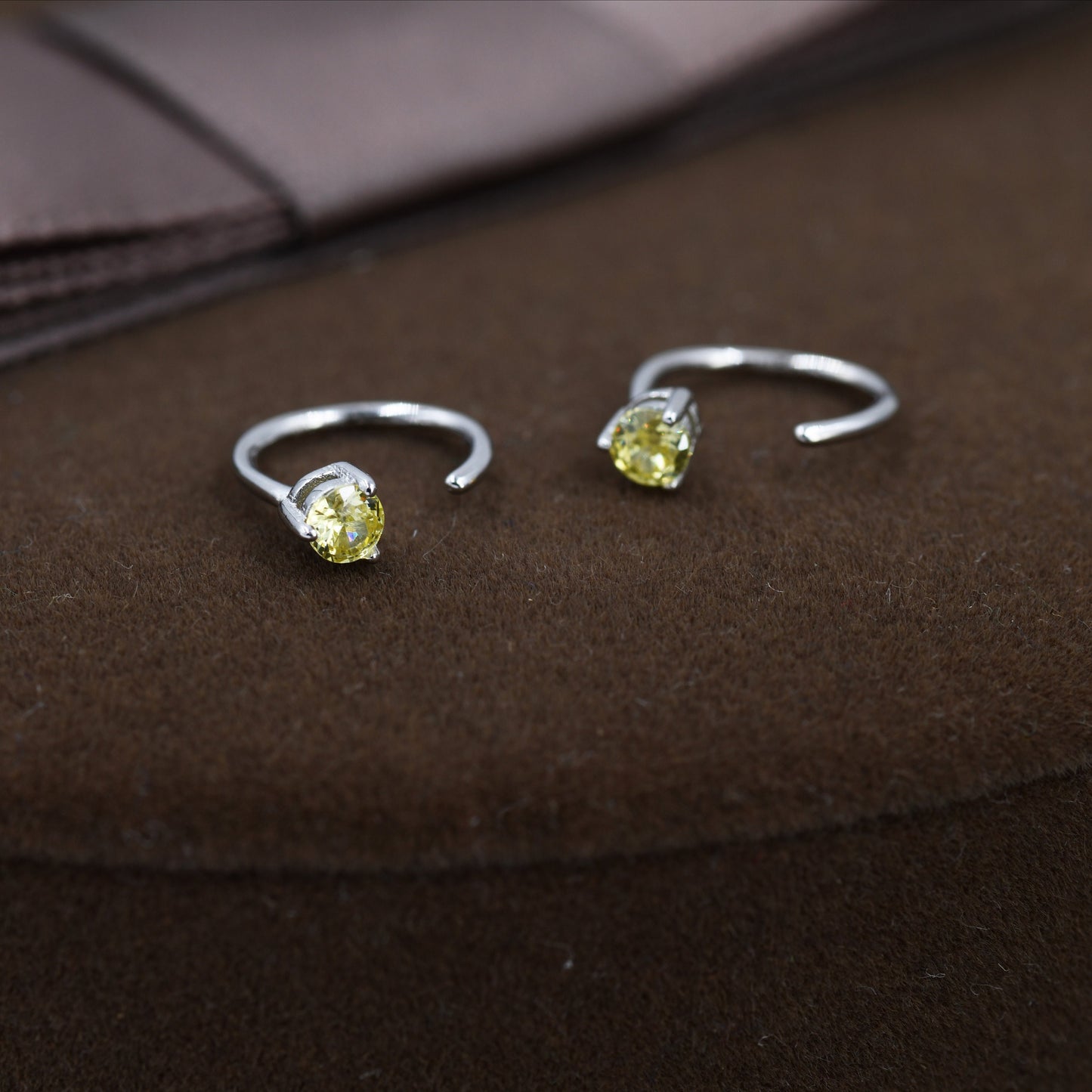 3mm Citrine Yellow CZ Huggie Hoop Earrings in Sterling Silver, Silver or Gold, Half Hoop, Tiny CZ Open Hoop, Pull Through