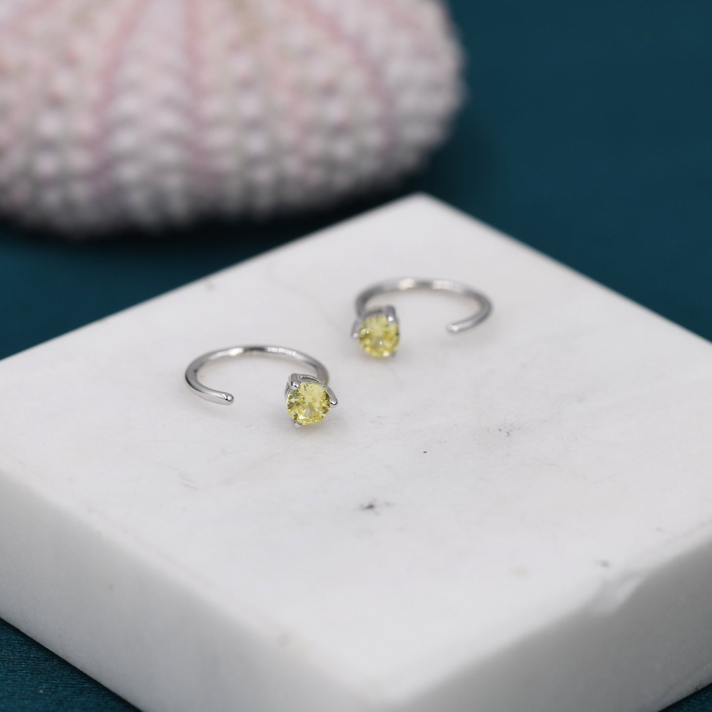 3mm Citrine Yellow CZ Huggie Hoop Earrings in Sterling Silver, Silver or Gold, Half Hoop, Tiny CZ Open Hoop, Pull Through