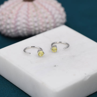 3mm Citrine Yellow CZ Huggie Hoop Earrings in Sterling Silver, Silver or Gold, Half Hoop, Tiny CZ Open Hoop, Pull Through