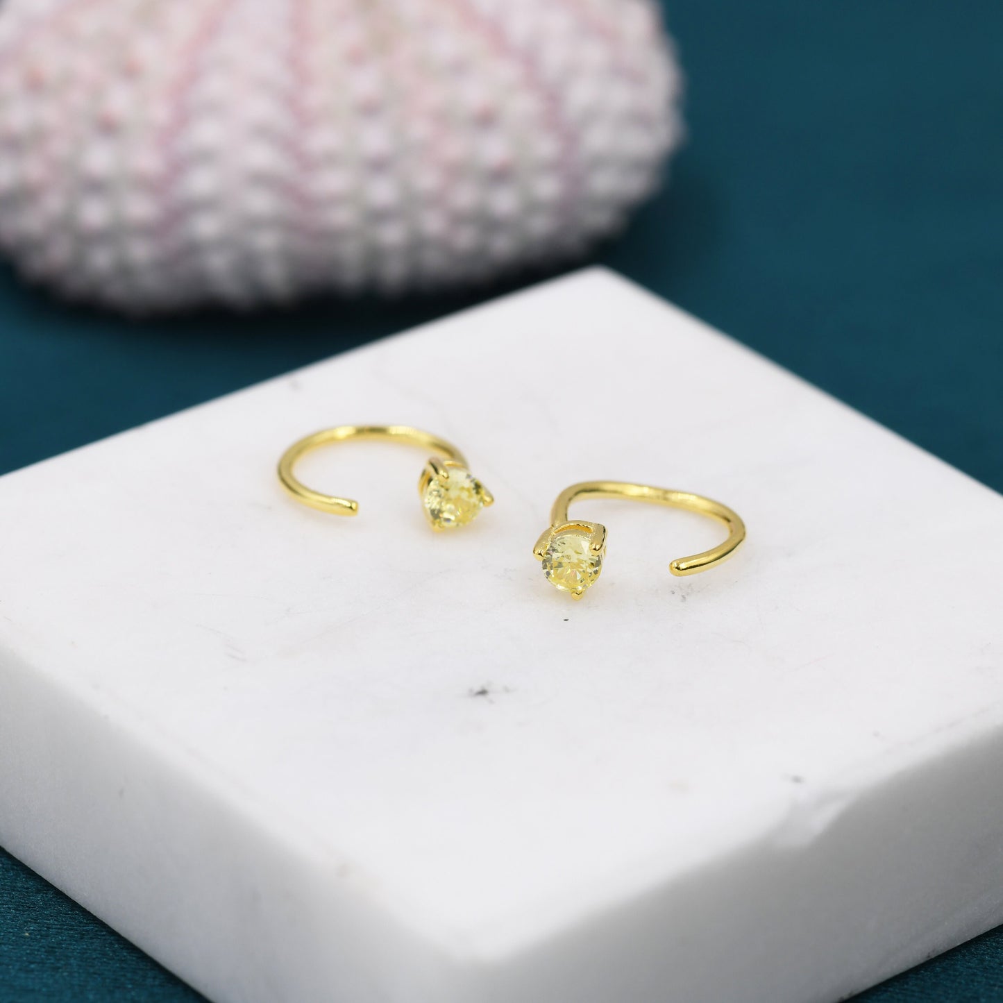 3mm Citrine Yellow CZ Huggie Hoop Earrings in Sterling Silver, Silver or Gold, Half Hoop, Tiny CZ Open Hoop, Pull Through