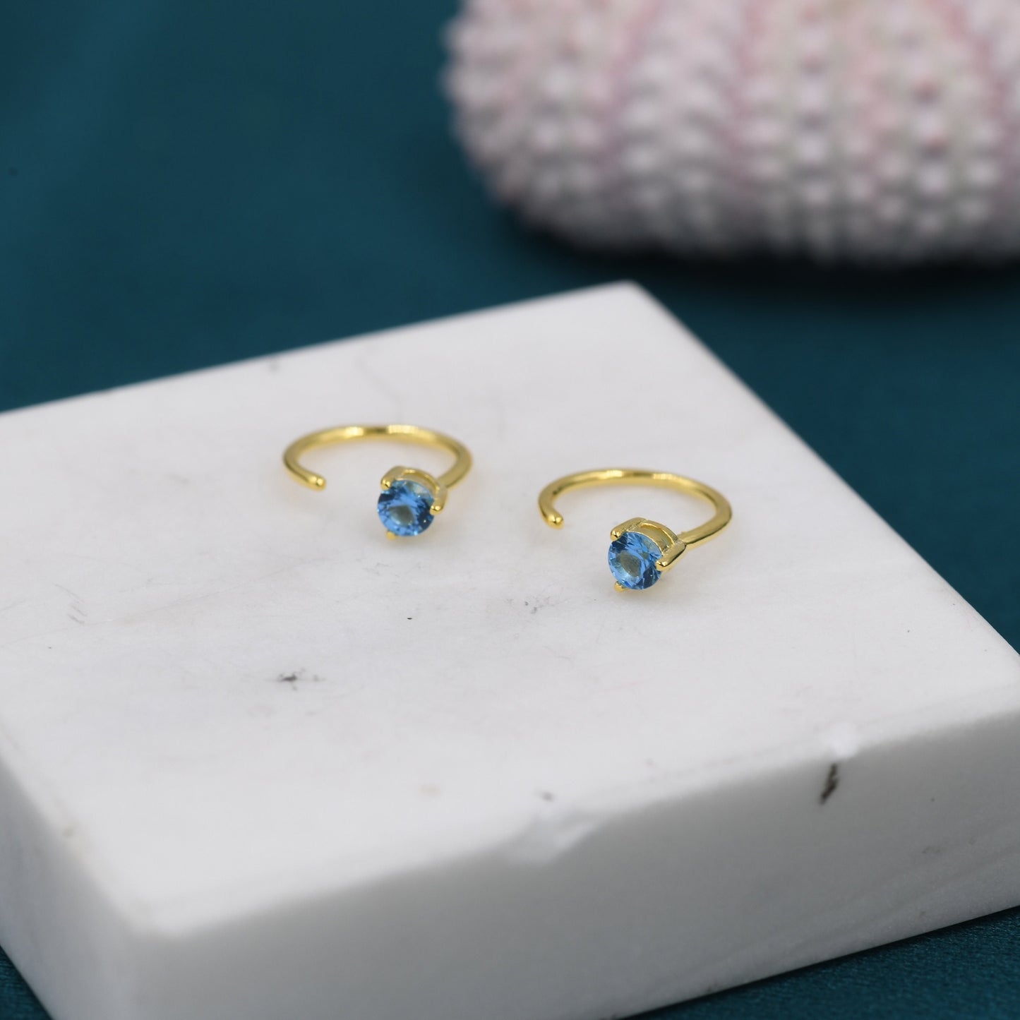 3mm Aquamarine Blue CZ Huggie Hoop Earrings in Sterling Silver, Silver or Gold, Half Hoop, Tiny CZ Open Hoop, Pull Through