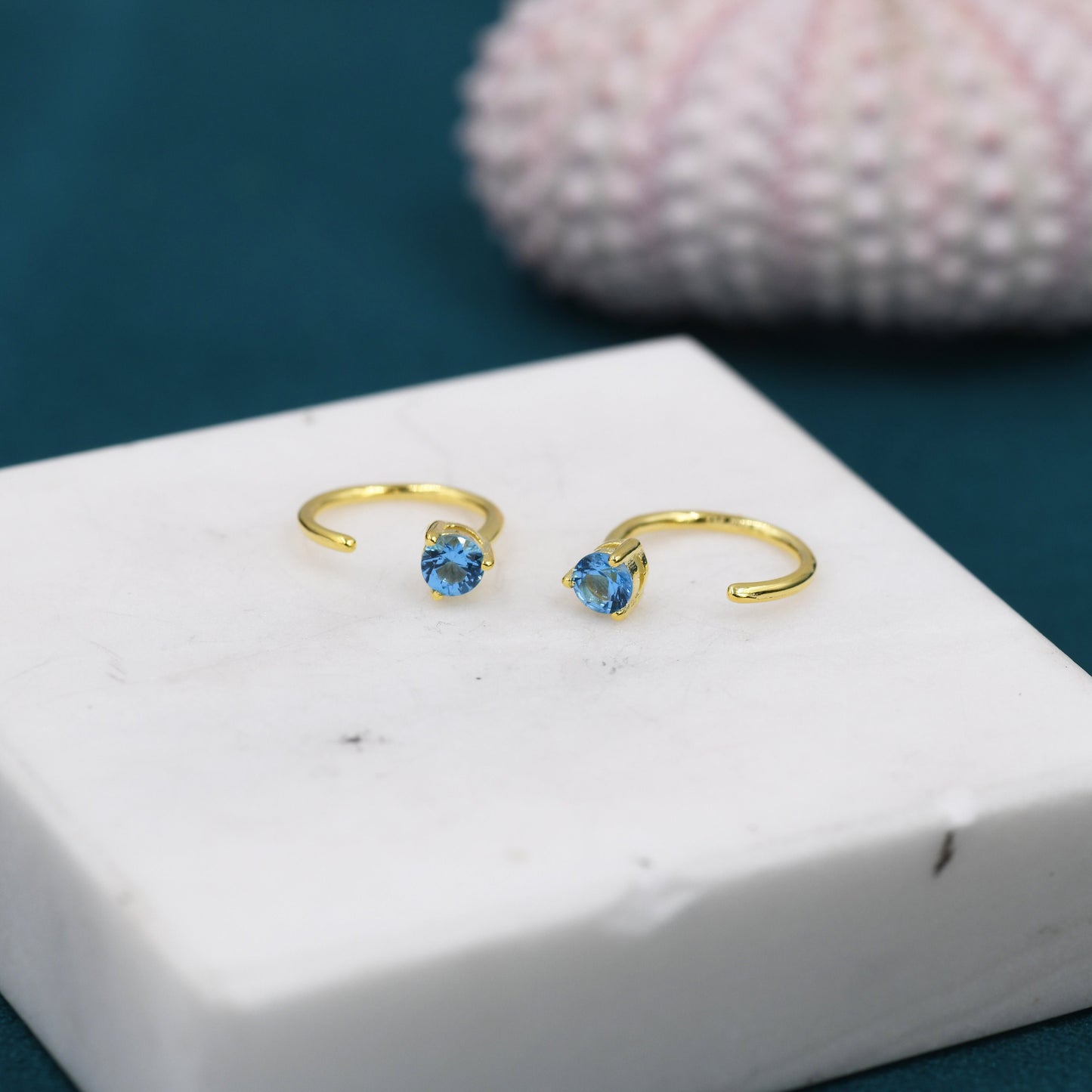 3mm Aquamarine Blue CZ Huggie Hoop Earrings in Sterling Silver, Silver or Gold, Half Hoop, Tiny CZ Open Hoop, Pull Through