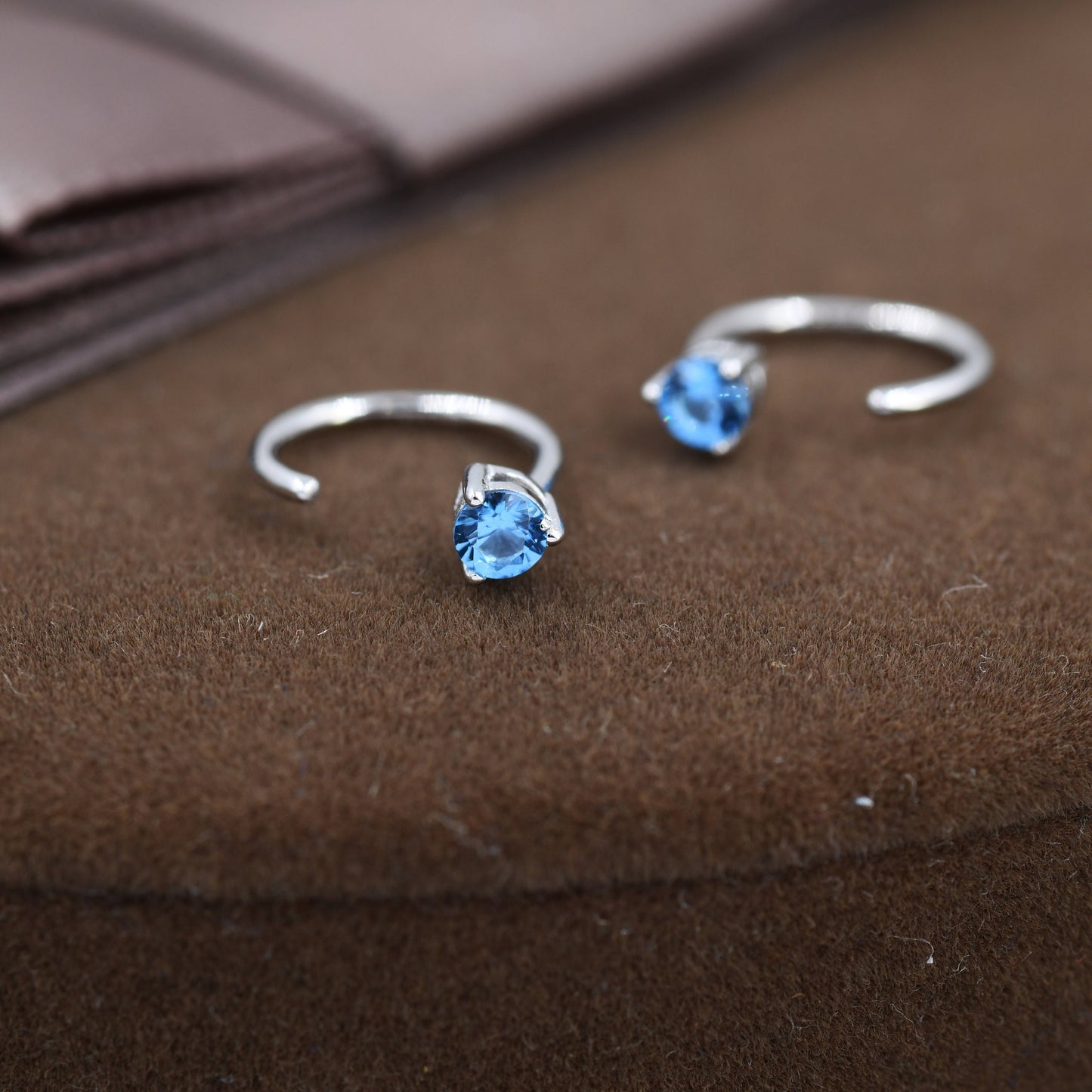 3mm Aquamarine Blue CZ Huggie Hoop Earrings in Sterling Silver, Silver or Gold, Half Hoop, Tiny CZ Open Hoop, Pull Through