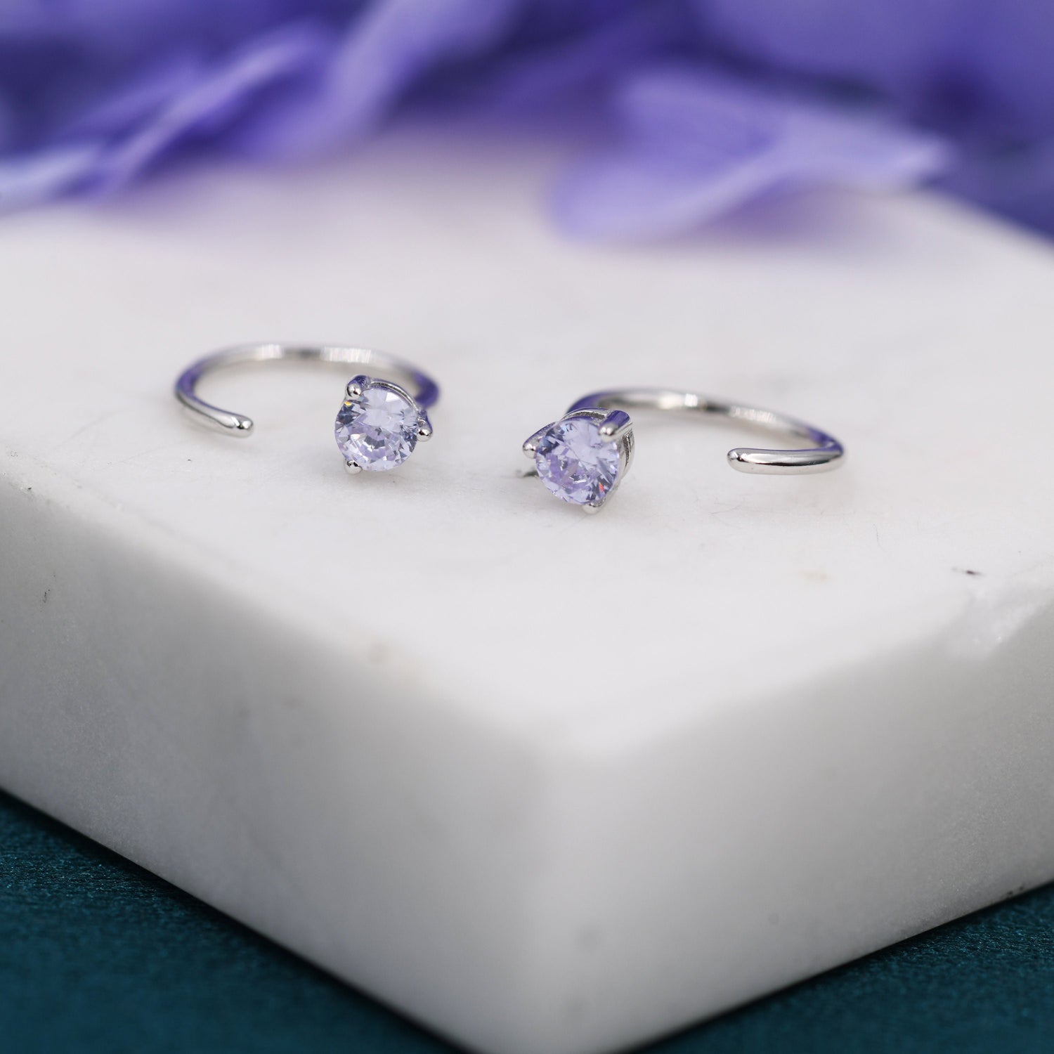 June Birthstone Alexandrite Crystal CZ Huggie Hoop Earrings in Sterling Silver, Silver or Gold, Half Hoop, Tiny CZ Open Hoop, Pull Through