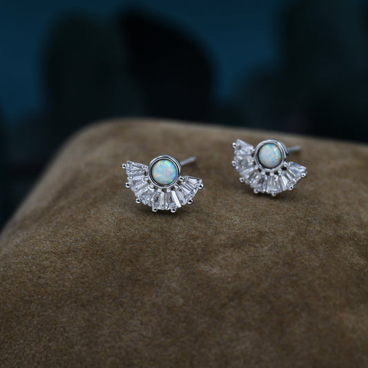 Art Deco Style White Opal Fan Stud Earrings in Sterling Silver, Silver or Gold, Crown Opal Earrings, Tiny Fire Opal Earrings