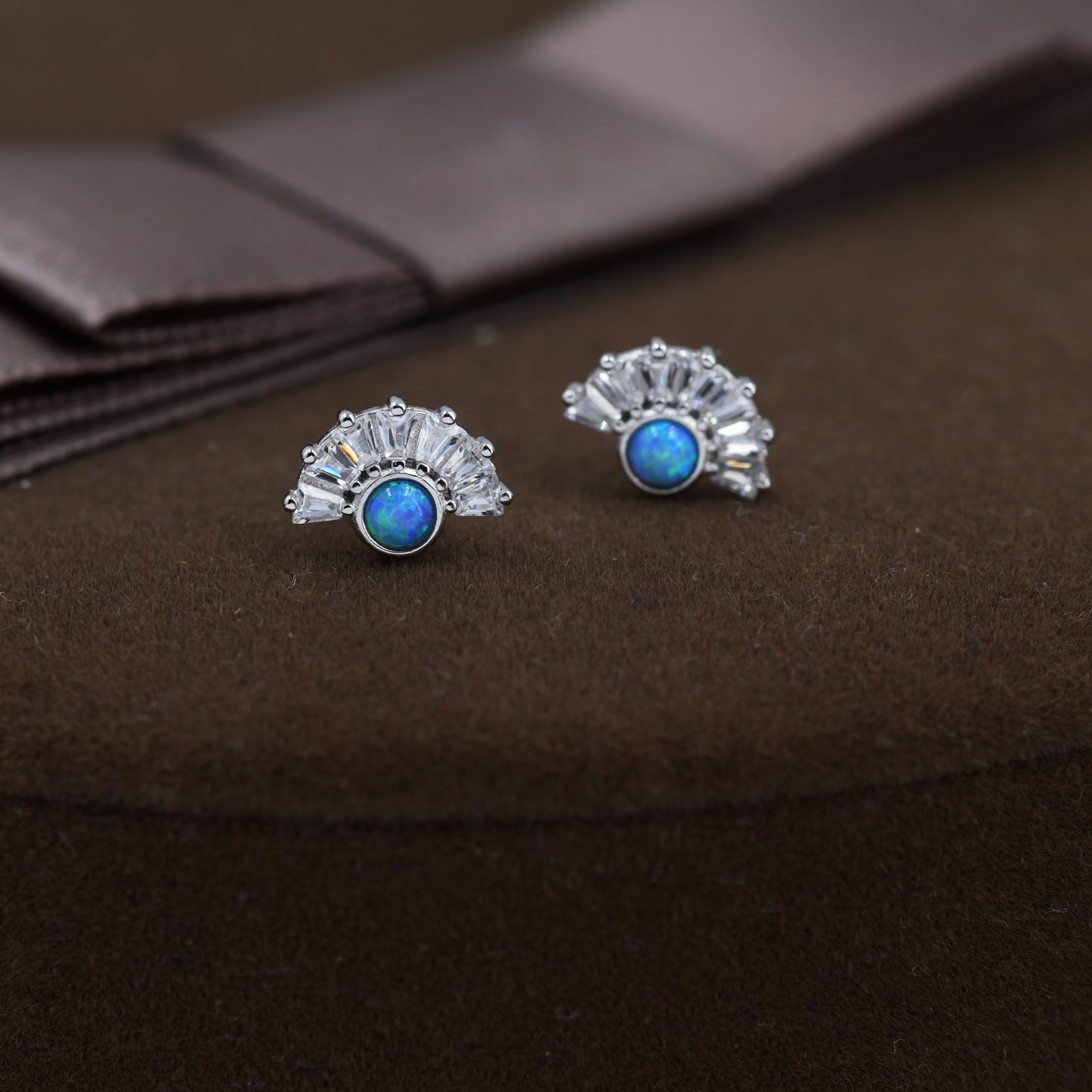 Art Deco Style Blue Opal Fan Stud Earrings in Sterling Silver, Silver or Gold, Crown Opal Earrings, Tiny Fire Opal Earrings