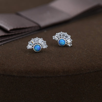 Art Deco Style Blue Opal Fan Stud Earrings in Sterling Silver, Silver or Gold, Crown Opal Earrings, Tiny Fire Opal Earrings