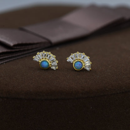 Art Deco Style Blue Opal Fan Stud Earrings in Sterling Silver, Silver or Gold, Crown Opal Earrings, Tiny Fire Opal Earrings