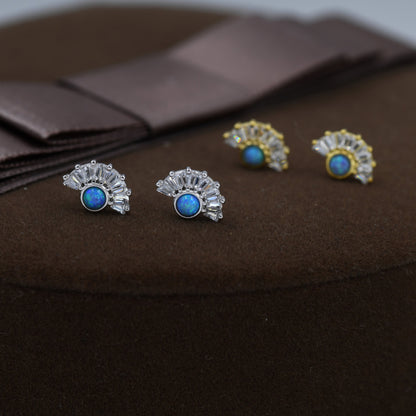 Art Deco Style Blue Opal Fan Stud Earrings in Sterling Silver, Silver or Gold, Crown Opal Earrings, Tiny Fire Opal Earrings