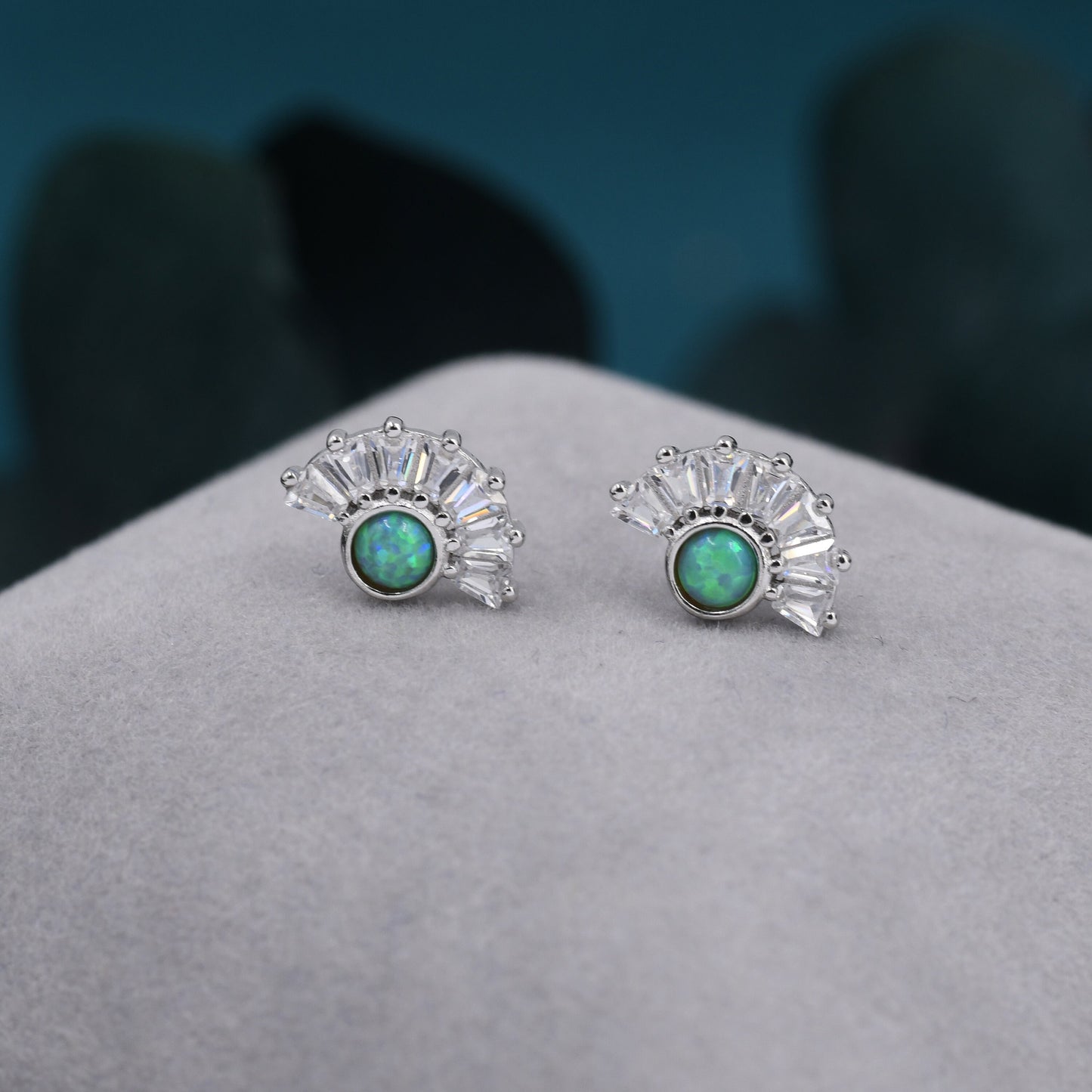 Art Deco Style  Green Opal Fan Stud Earrings in Sterling Silver, Silver or Gold, Crown Opal Earrings, Tiny Fire Opal Earrings