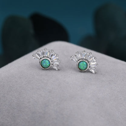 Art Deco Style  Green Opal Fan Stud Earrings in Sterling Silver, Silver or Gold, Crown Opal Earrings, Tiny Fire Opal Earrings