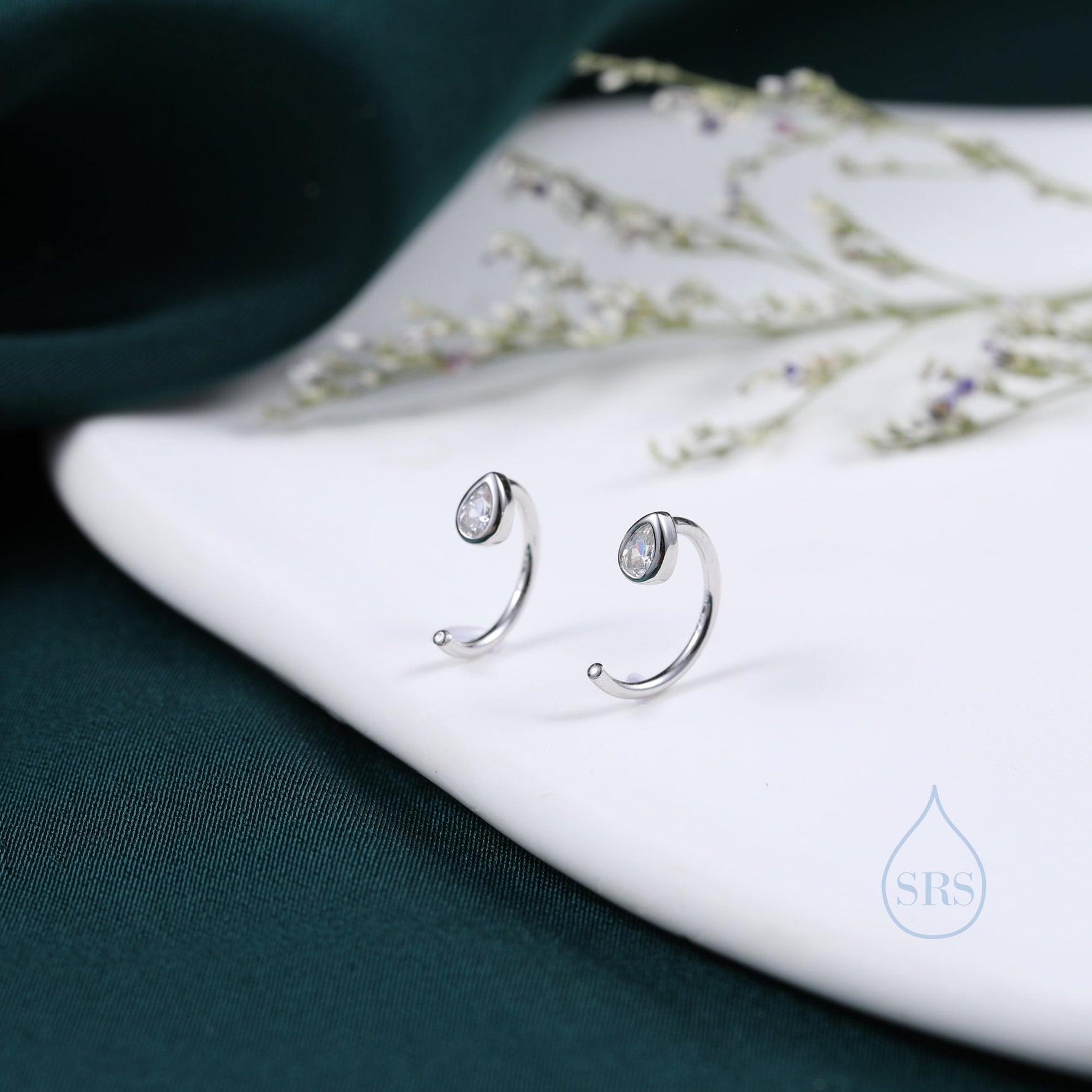 CZ Droplet Huggie Hoop Earrings in Sterling Silver, Tiny CZ Pear Cut Open Hoops, Pull Through Threaders, Half Hoops, C Shape
