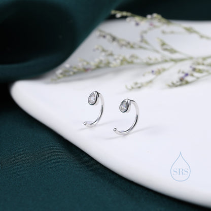 CZ Droplet Huggie Hoop Earrings in Sterling Silver, Tiny CZ Pear Cut Open Hoops, Pull Through Threaders, Half Hoops, C Shape