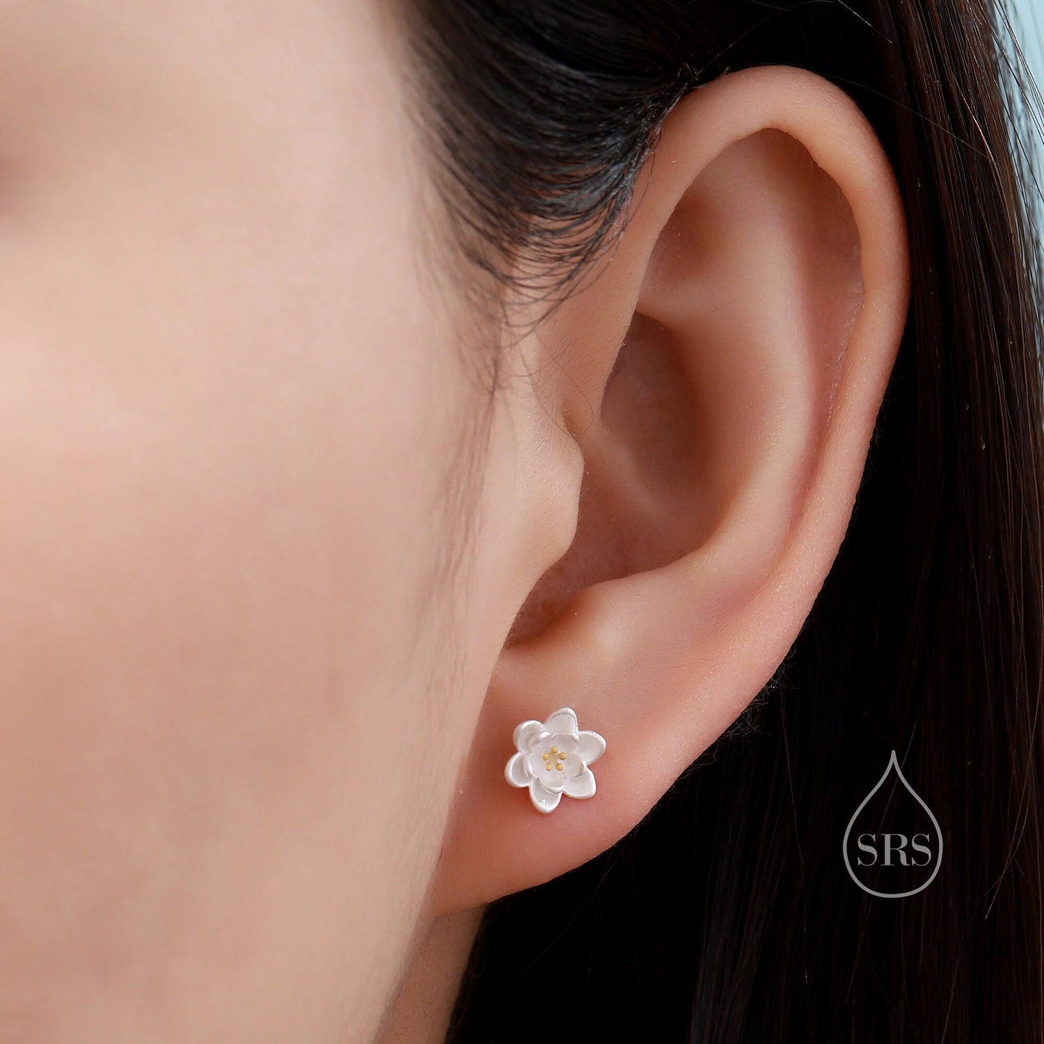 Sterling Silver Water lily Lotus Flower Blossom Stud Earrings with Partial 18ct Gold Plating, Sweet Cute Pretty Jewellery