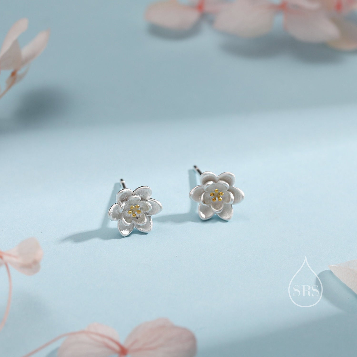 Sterling Silver Water lily Lotus Flower Blossom Stud Earrings and Necklace with Partial 18ct Gold Plating, Sweet Cute Pretty Jewellery
