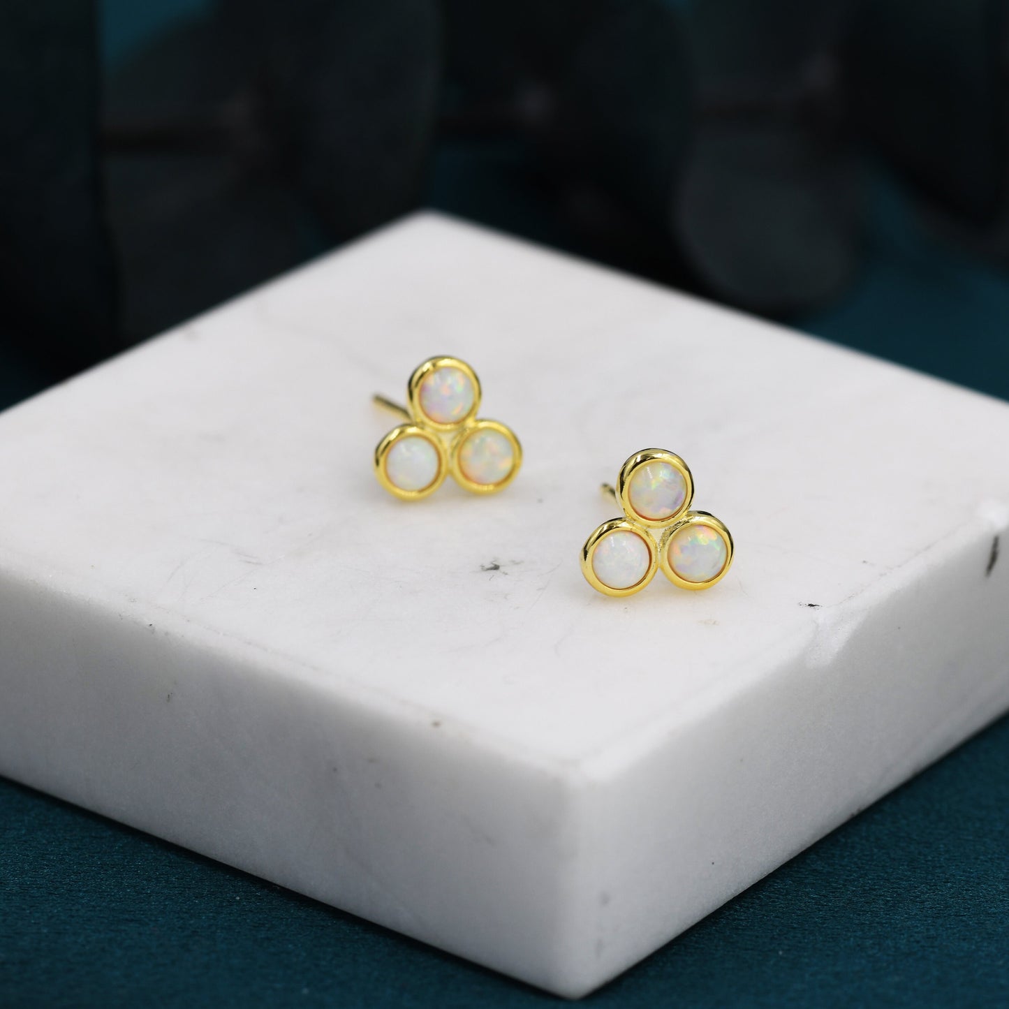 White Opal Trio Dot Circle Stud Earrings in Sterling Silver - Silver or Gold - Geometric Minimalist , Fire Opal Trio Earrings, Three Opals