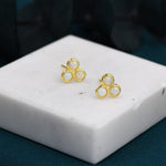 White Opal Trio Dot Circle Stud Earrings in Sterling Silver - Silver or Gold - Geometric Minimalist , Fire Opal Trio Earrings, Three Opals