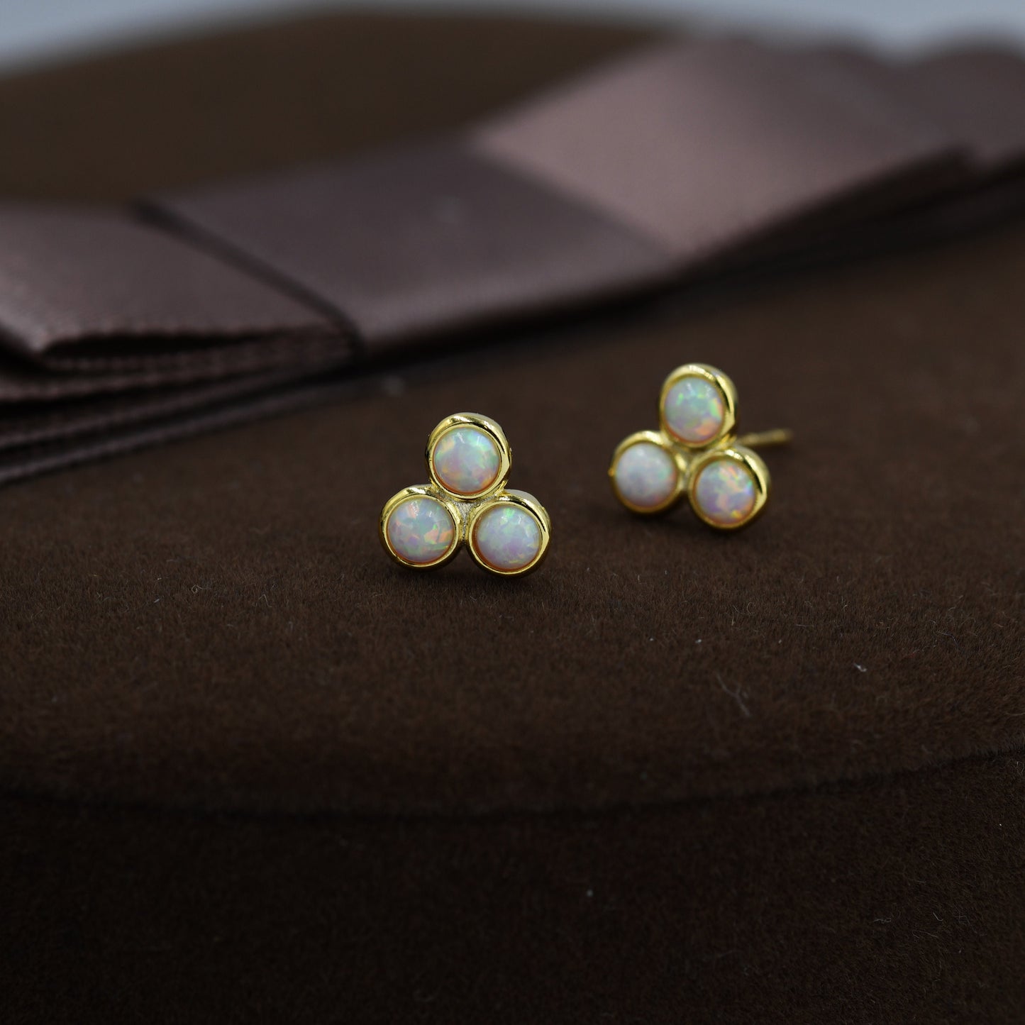 White Opal Trio Dot Circle Stud Earrings in Sterling Silver - Silver or Gold - Geometric Minimalist , Fire Opal Trio Earrings, Three Opals