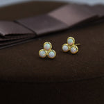 White Opal Trio Dot Circle Stud Earrings in Sterling Silver - Silver or Gold - Geometric Minimalist , Fire Opal Trio Earrings, Three Opals