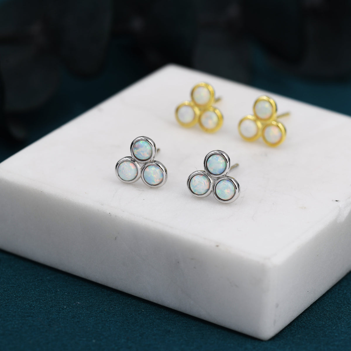 White Opal Trio Dot Circle Stud Earrings in Sterling Silver - Silver or Gold - Geometric Minimalist , Fire Opal Trio Earrings, Three Opals