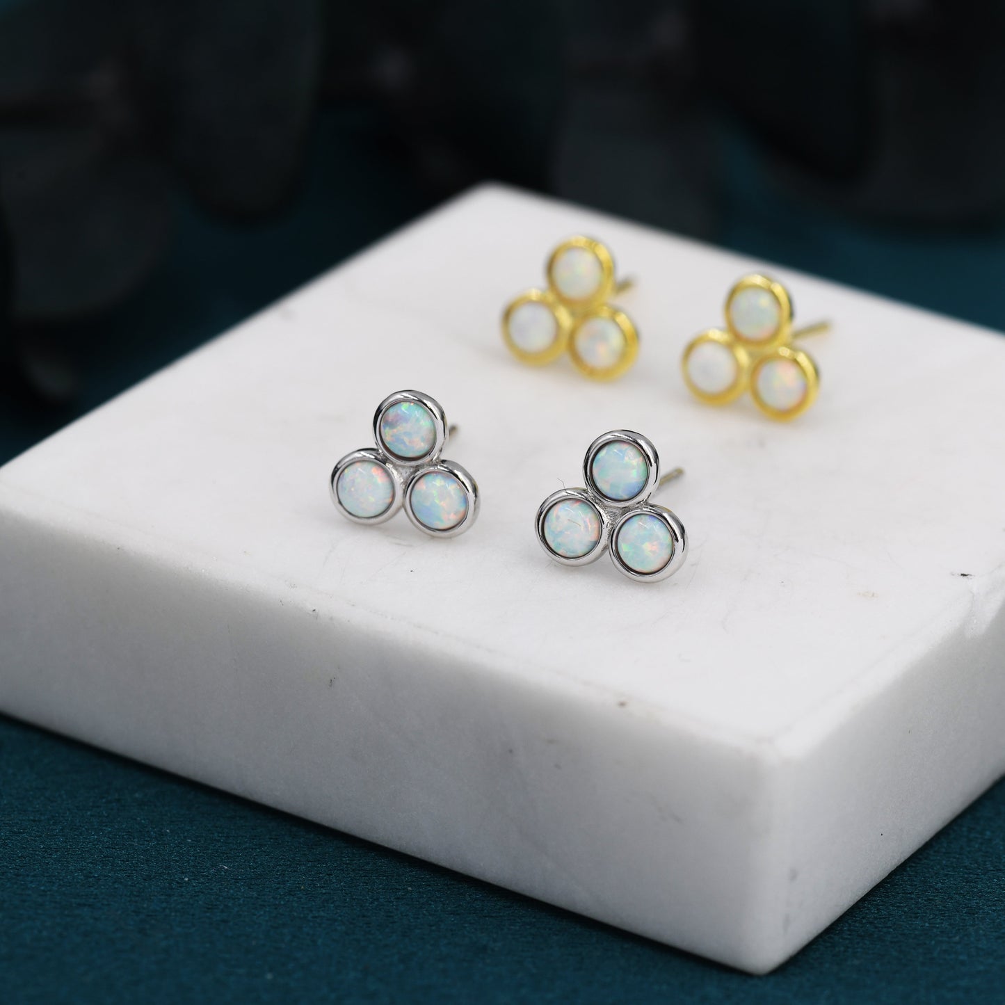 White Opal Trio Dot Circle Stud Earrings in Sterling Silver - Silver or Gold - Geometric Minimalist , Fire Opal Trio Earrings, Three Opals