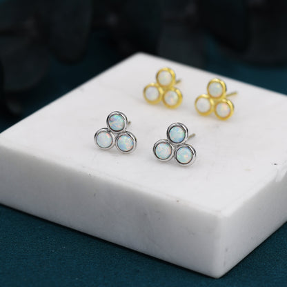 White Opal Trio Dot Circle Stud Earrings in Sterling Silver - Silver or Gold - Geometric Minimalist , Fire Opal Trio Earrings, Three Opals