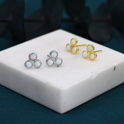 White Opal Trio Dot Circle Stud Earrings in Sterling Silver - Silver or Gold - Geometric Minimalist , Fire Opal Trio Earrings, Three Opals